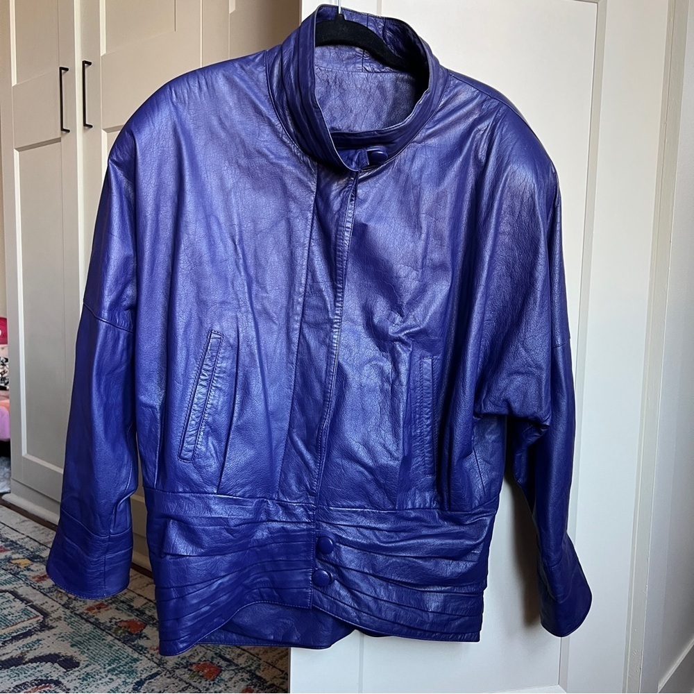 Vintage 80s JFS Purple Leather Batwing Bomber Jacket, Size S